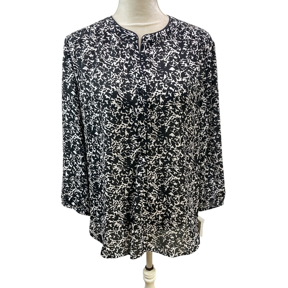 NWT Tahari Arthur Levine Womens Blouse Sz L White Black 3/4 Sleeve Button‎ new